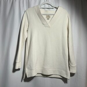 St John's Bay Women's Size S, Ivory, Ribbed Knit Pullover V-Neck Sweater,  Hi-Lo